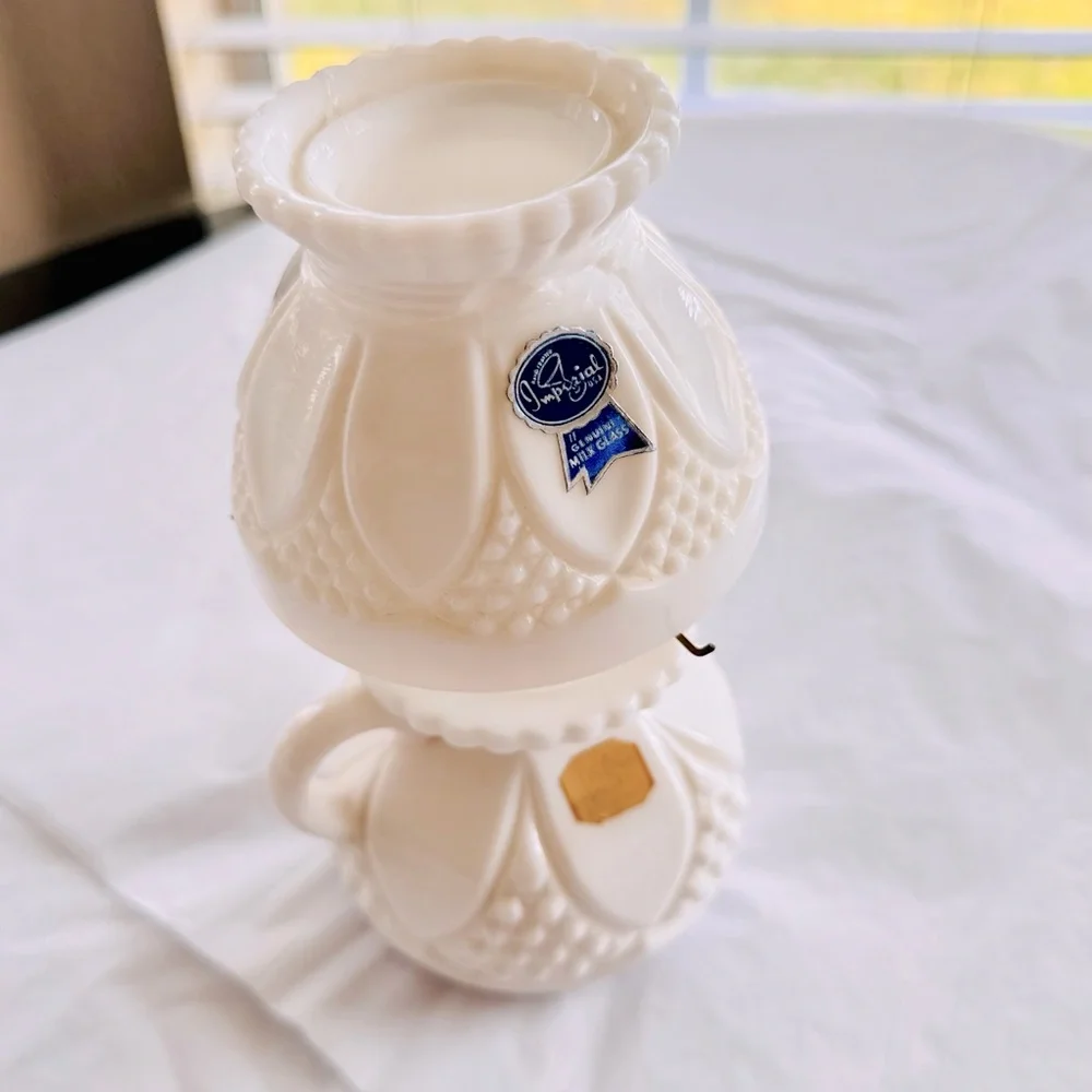 IMPERIAL Vintage Glass Hobnail Tulip & Cane White Milk Glass Mini Oil Lamp